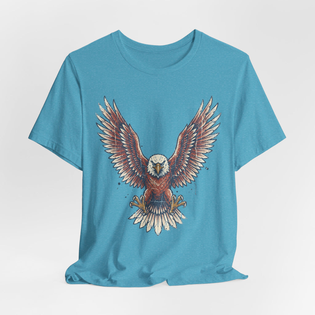 Blue short-sleeve crewneck T-shirt featuring centered soaring bald eagle graphic.