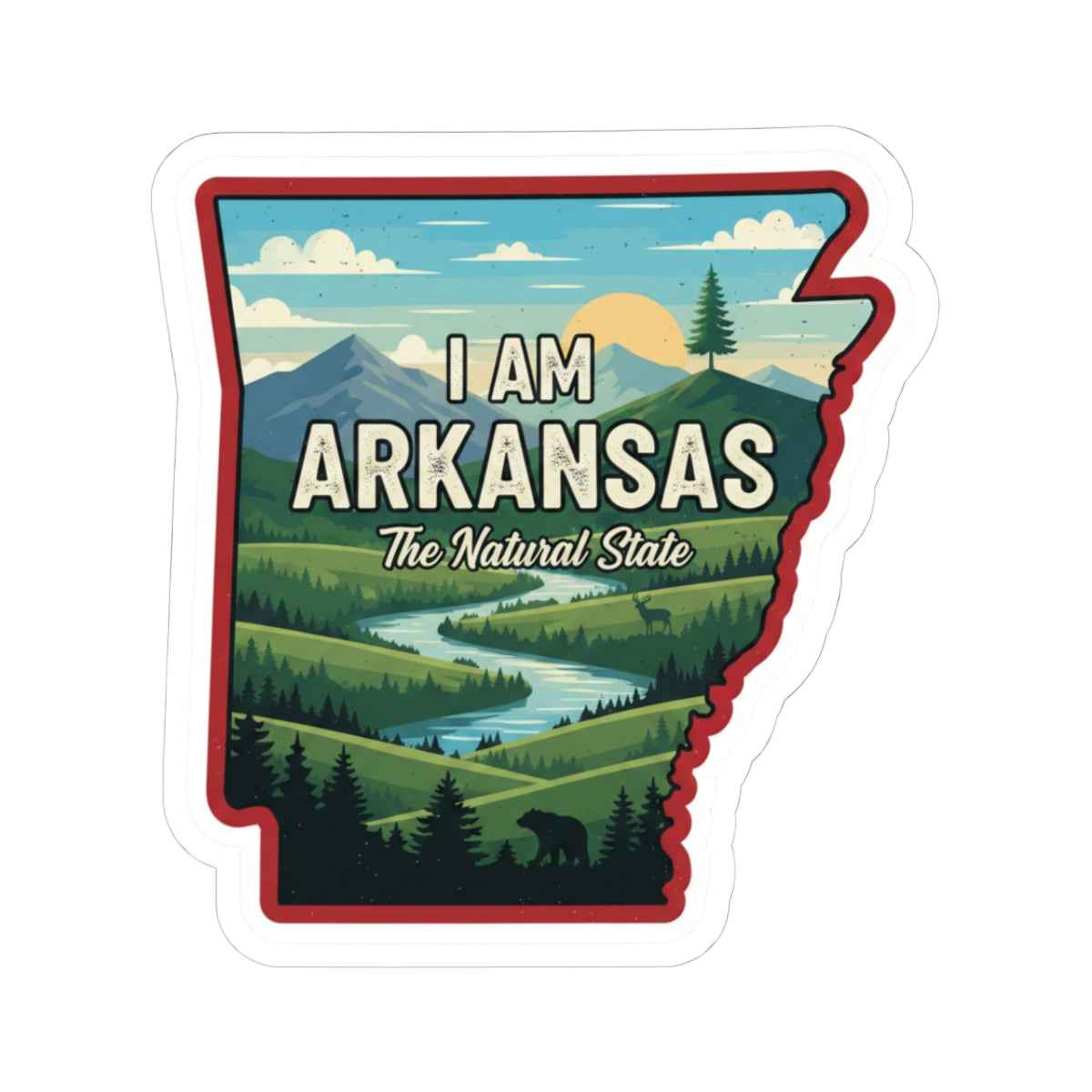I AM ARKANSAS sticker: illustrated landscape state outline with “The Natural State” text