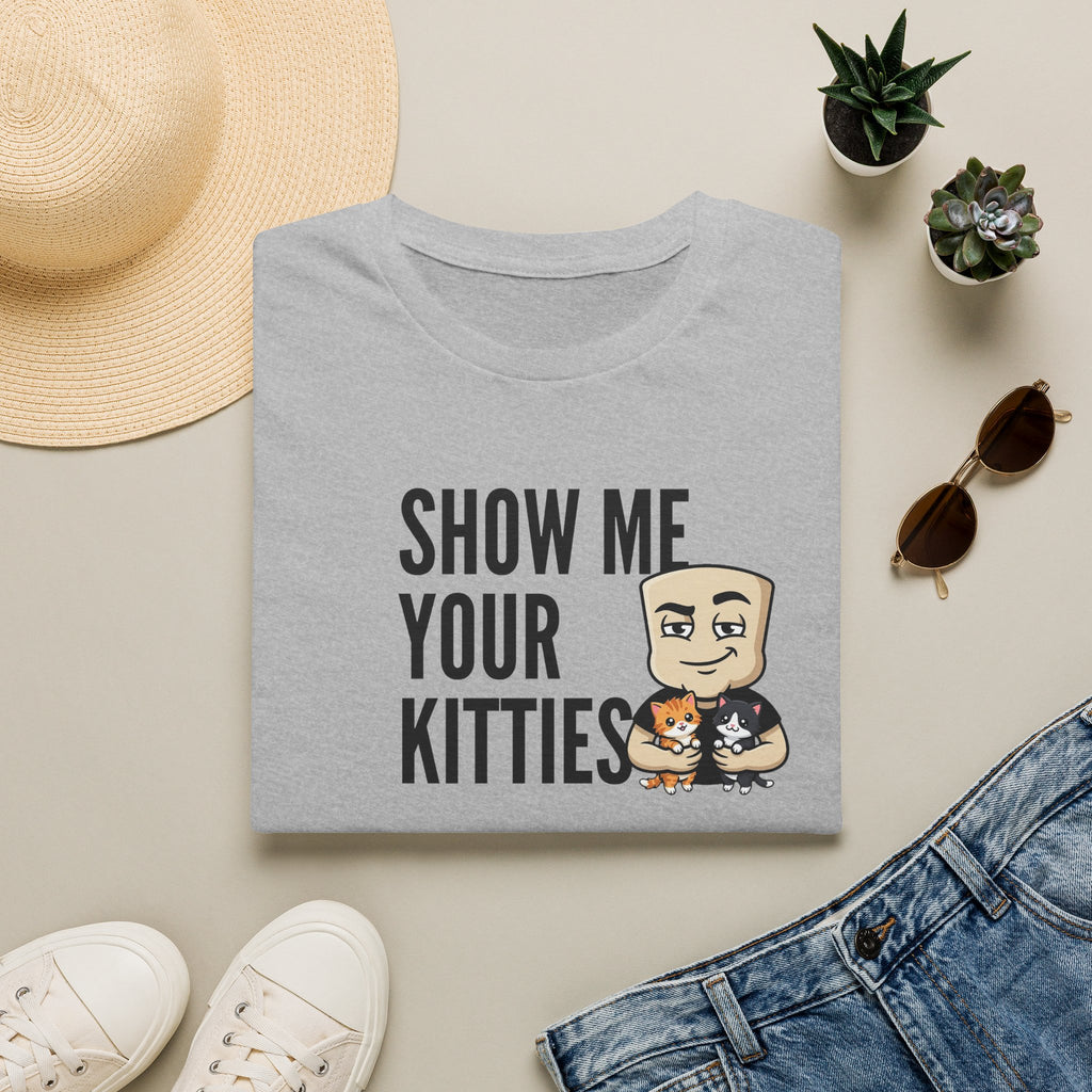 Light gray T-shirt with "Show Me Your Kitties" cat character graphic