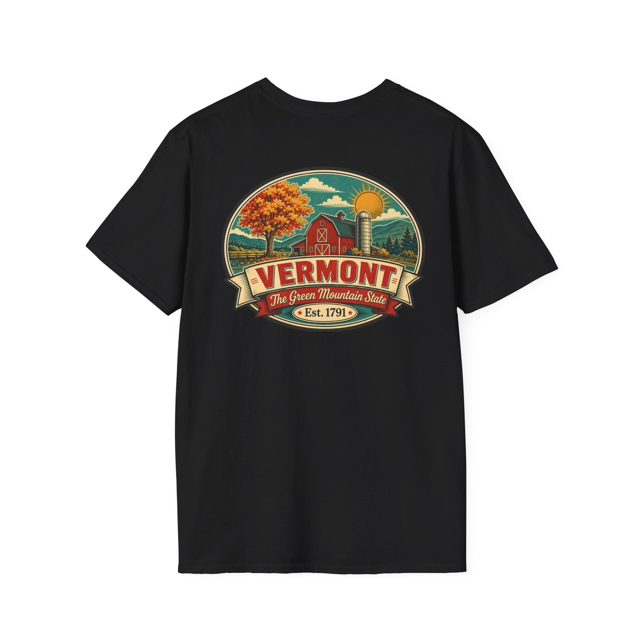 Black T-shirt with Vermont badge graphic print, short sleeves, crew neck