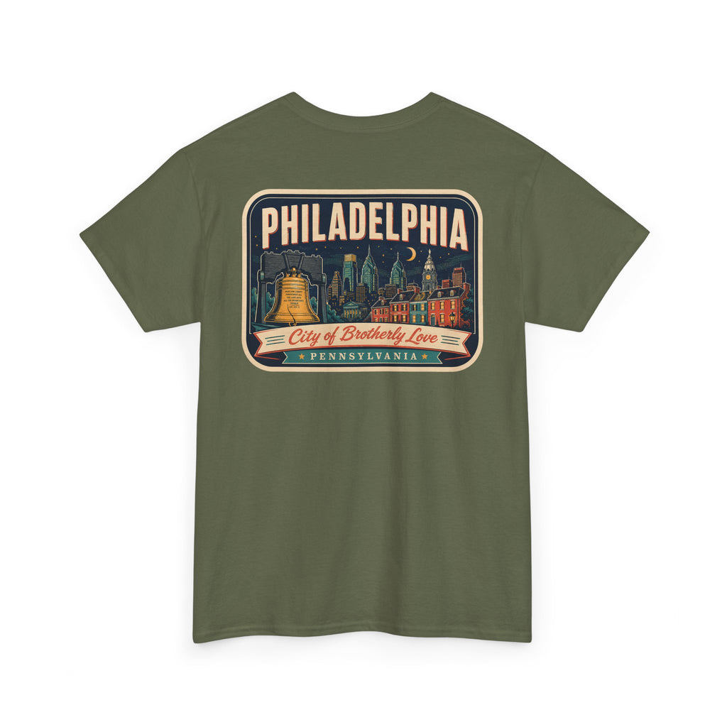 Military green T-shirt with Philadelphia skyline luggage-tag graphic patch