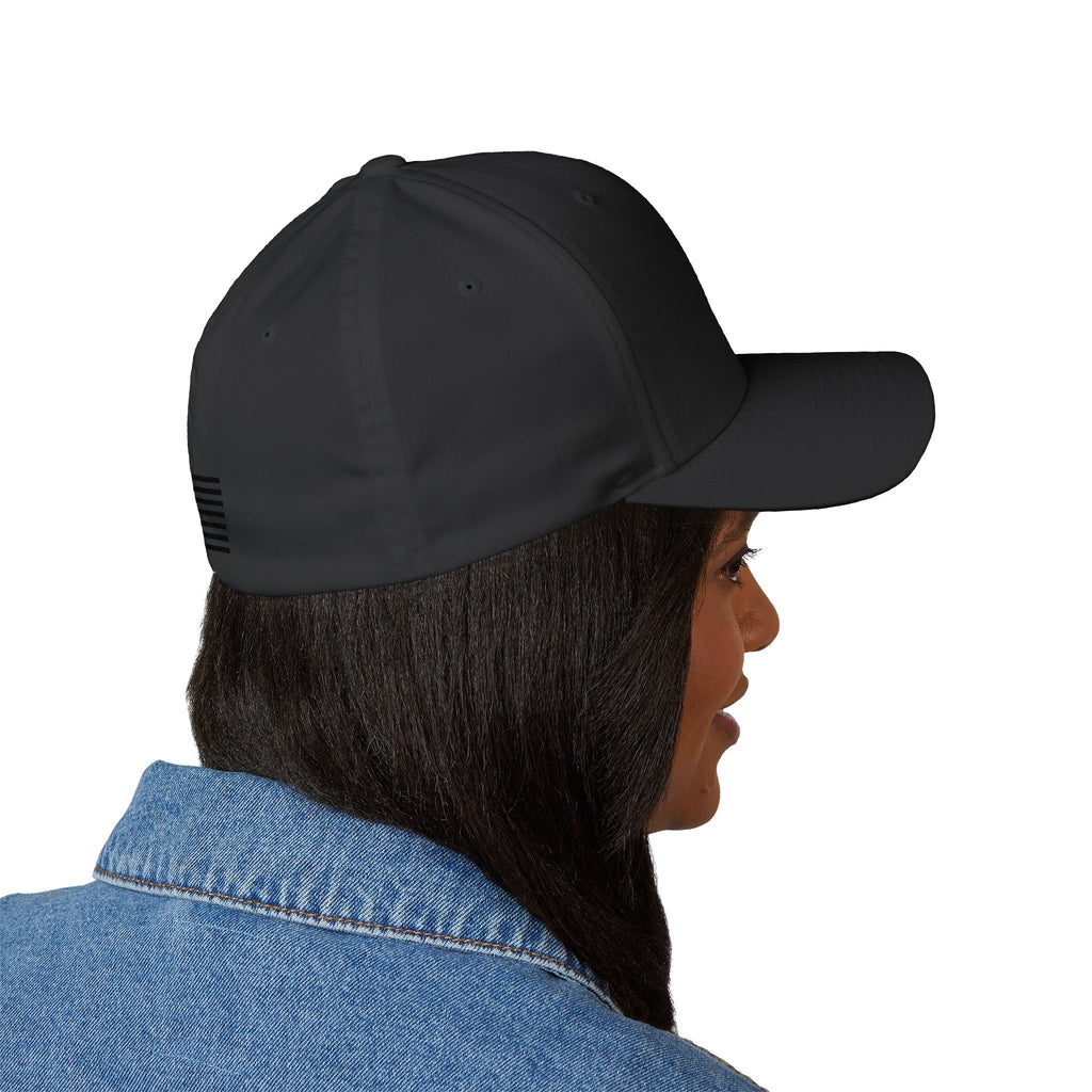 Black embroidered baseball cap with side stripe detail and curved brim