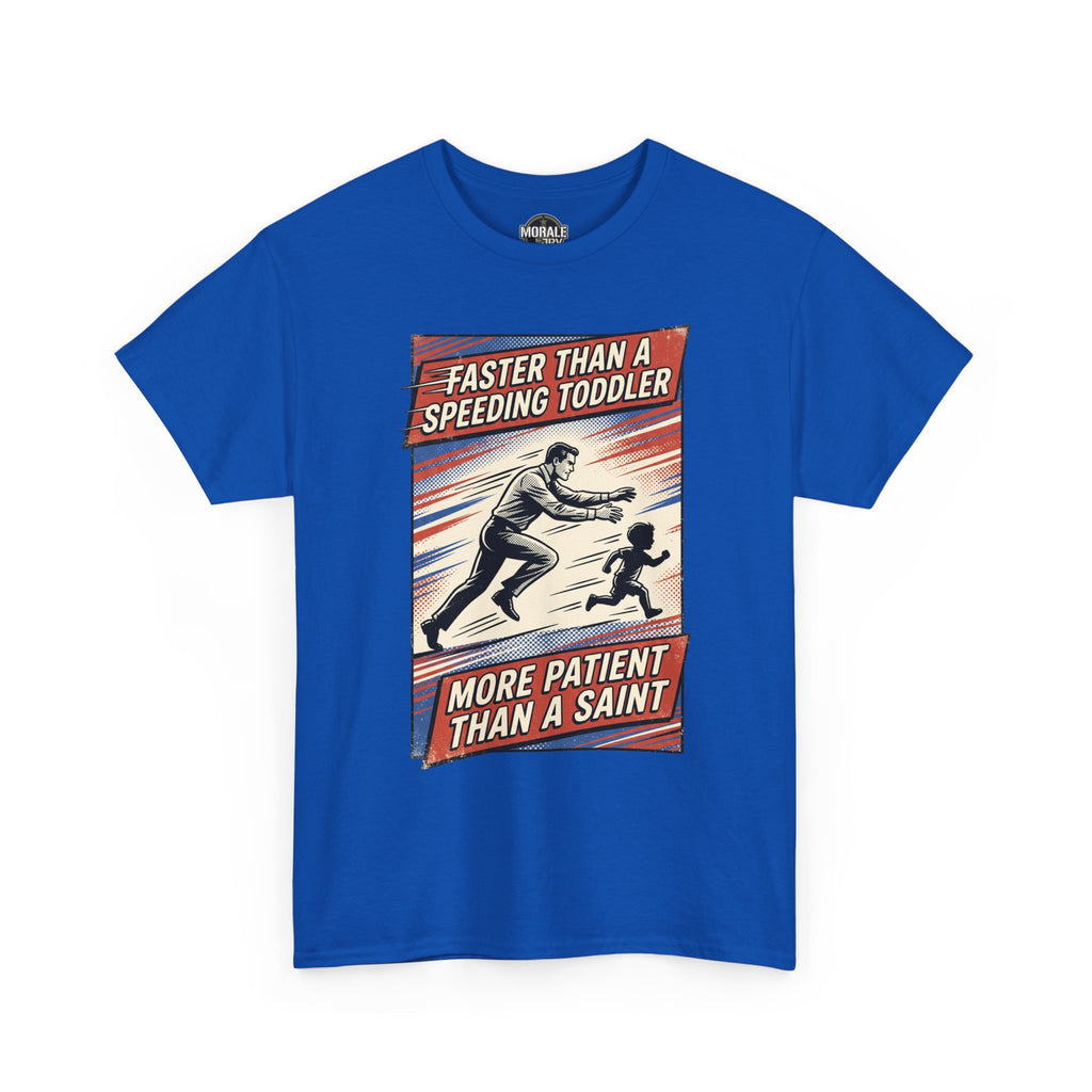 Royal blue T-shirt with retro quote graphic: Faster Than A Speeding Toddler