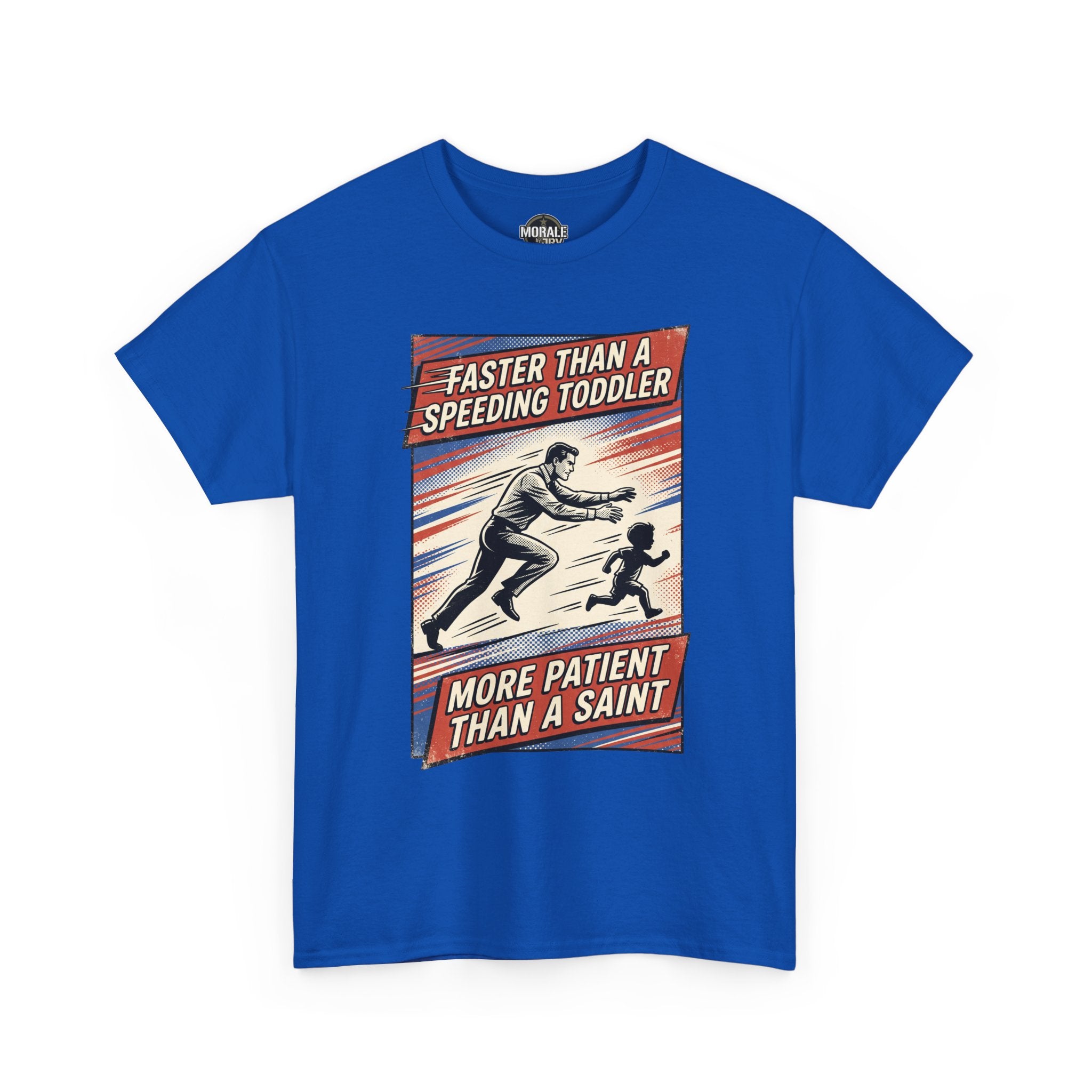 Royal blue T-shirt with retro quote graphic: Faster Than A Speeding Toddler