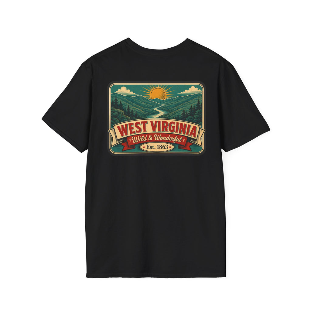 Black West Virginia “Wild & Wonderful” graphic t-shirt, Est. 1863 badge.
