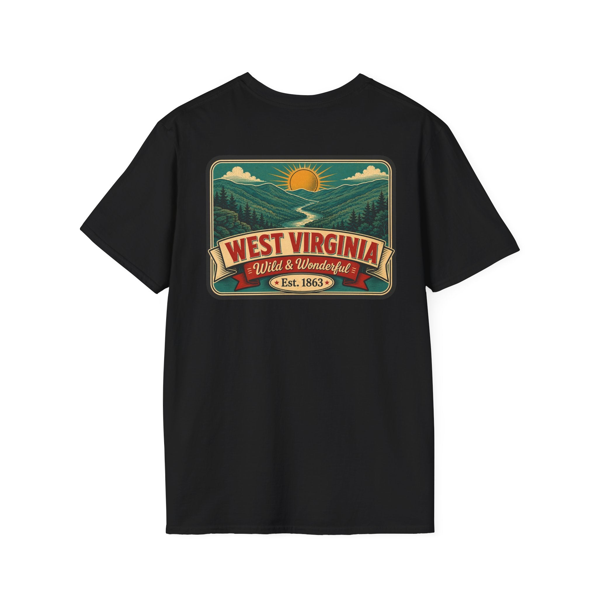 Black West Virginia “Wild & Wonderful” graphic t-shirt, Est. 1863 badge.