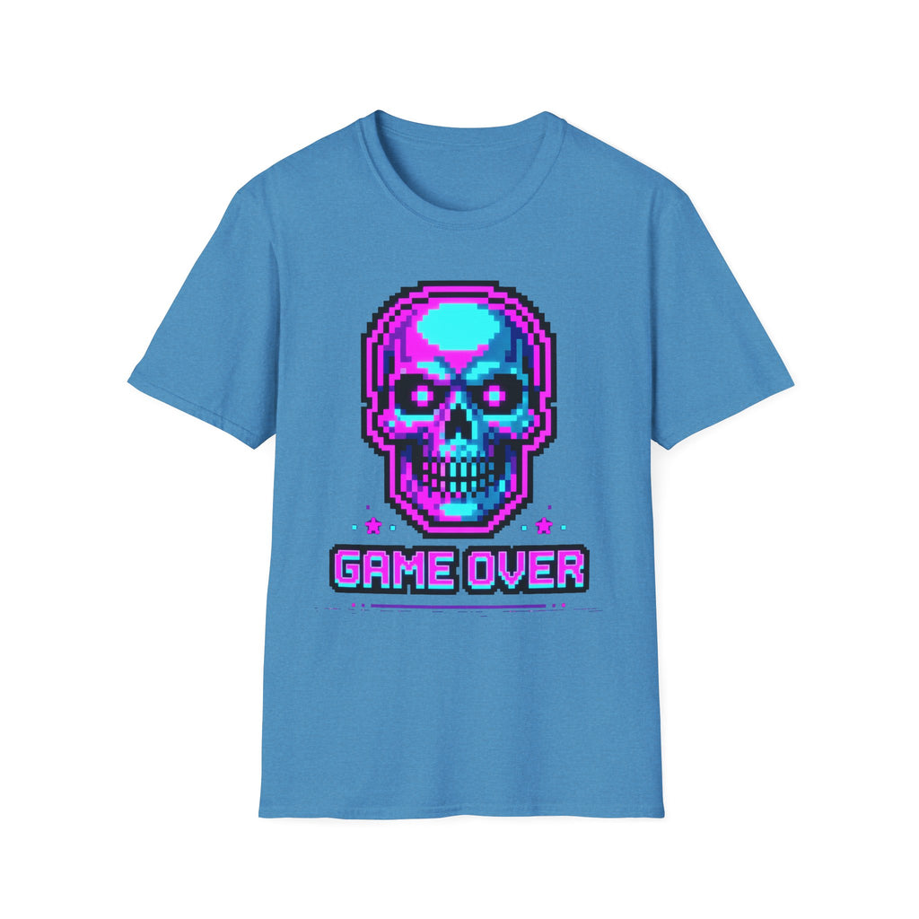 Blue t-shirt with pixel skull headphones graphic and 'GAME OVER' text