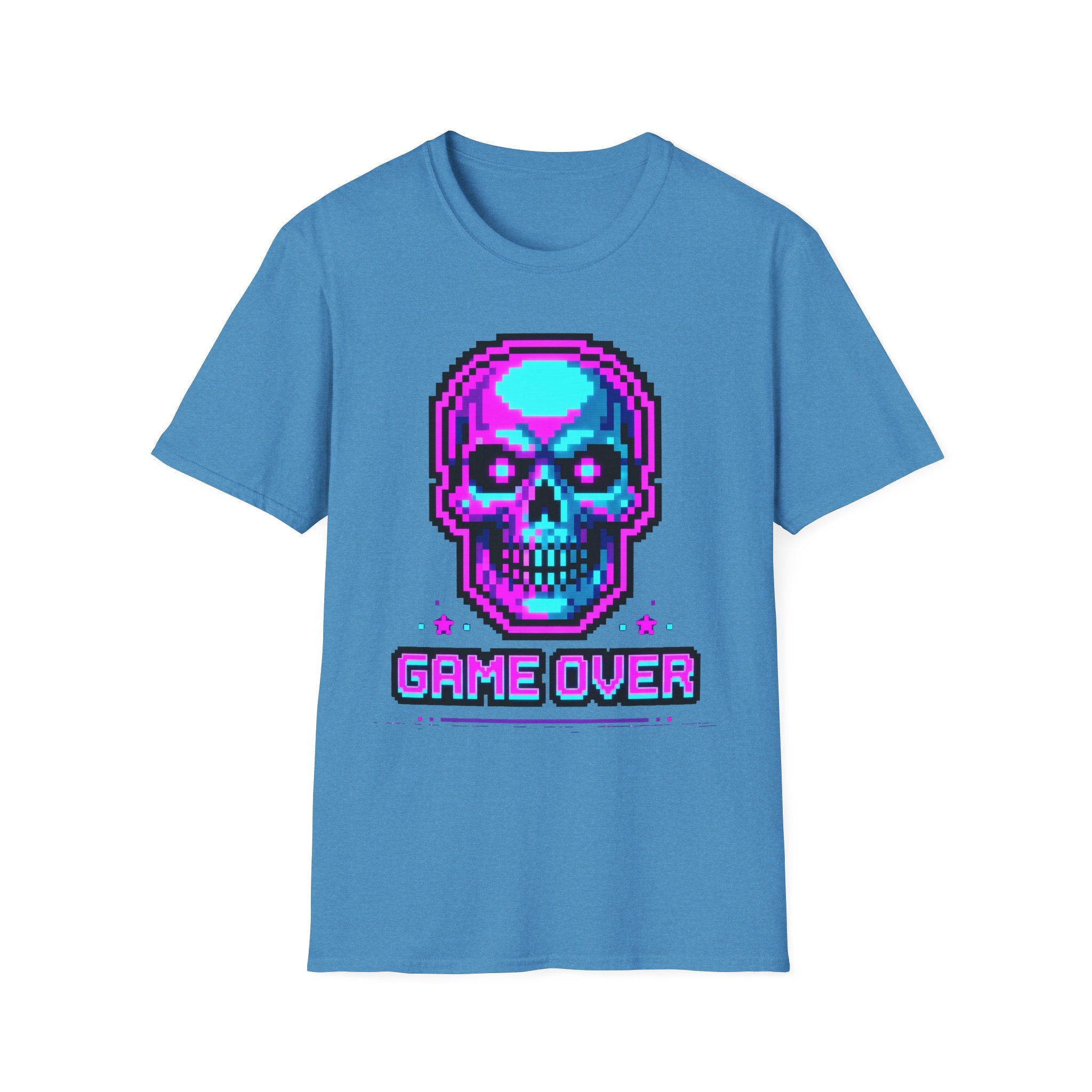 Blue t-shirt with pixel skull headphones graphic and 'GAME OVER' text
