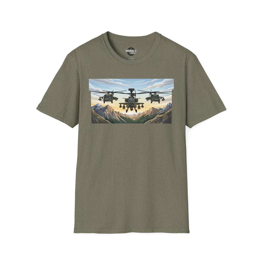 Heather Military Green T-shirt with helicopter print and mountain valley artwork