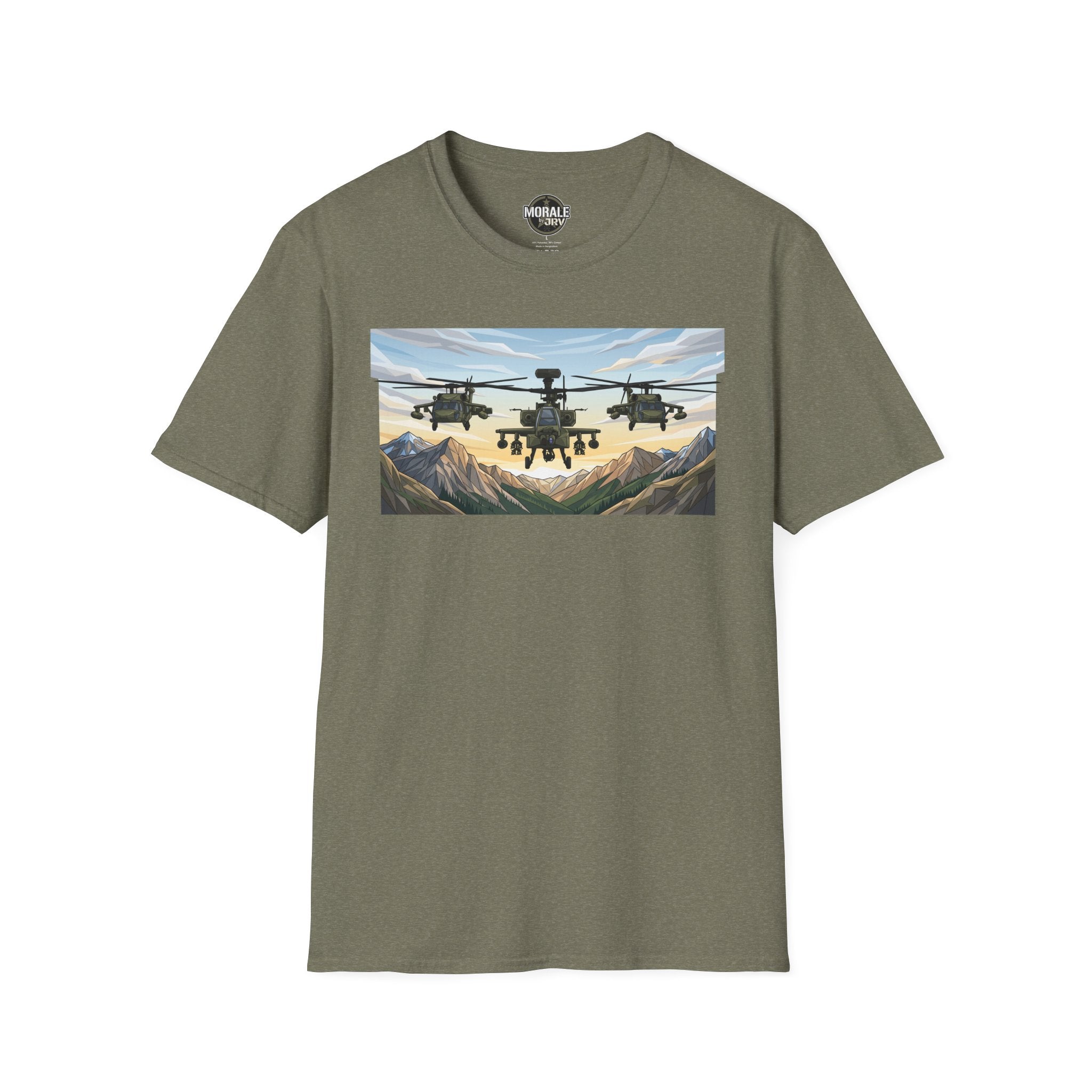 Heather Military Green T-shirt with helicopter print and mountain valley artwork