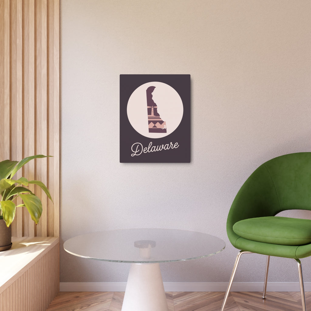Wall-mounted square metal wall decor with circular Delaware silhouette icon and script