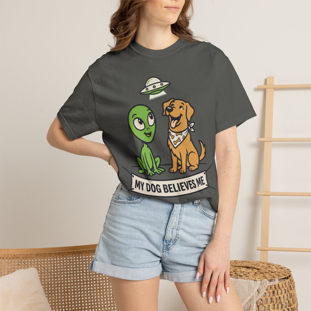 Charcoal crewneck T-shirt with alien and brown dog cartoon graphic