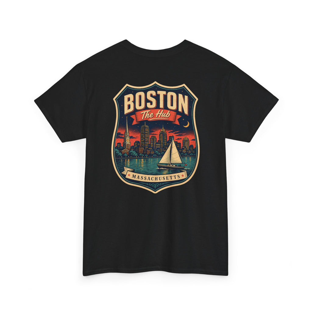 Black city badge graphic T-shirt with sailboat and skyline crest