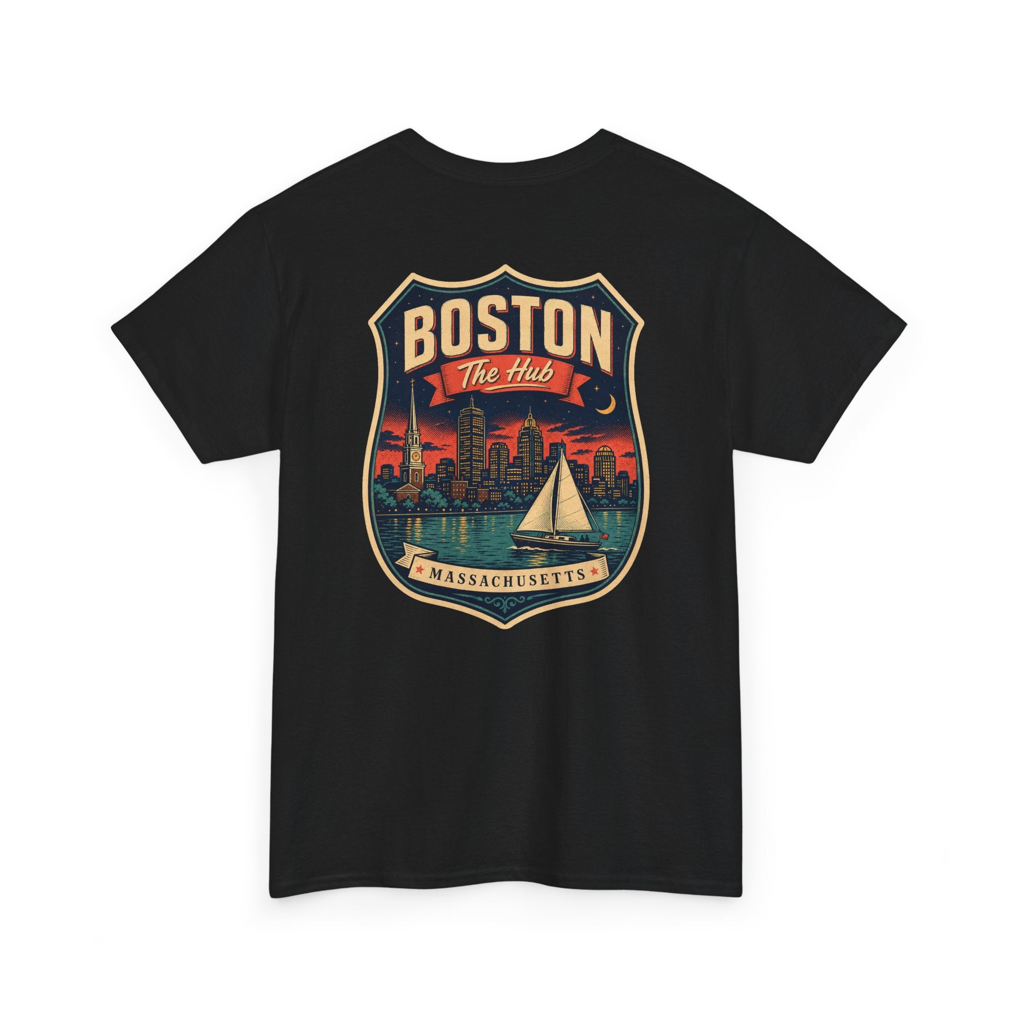 Black city badge graphic T-shirt with sailboat and skyline crest