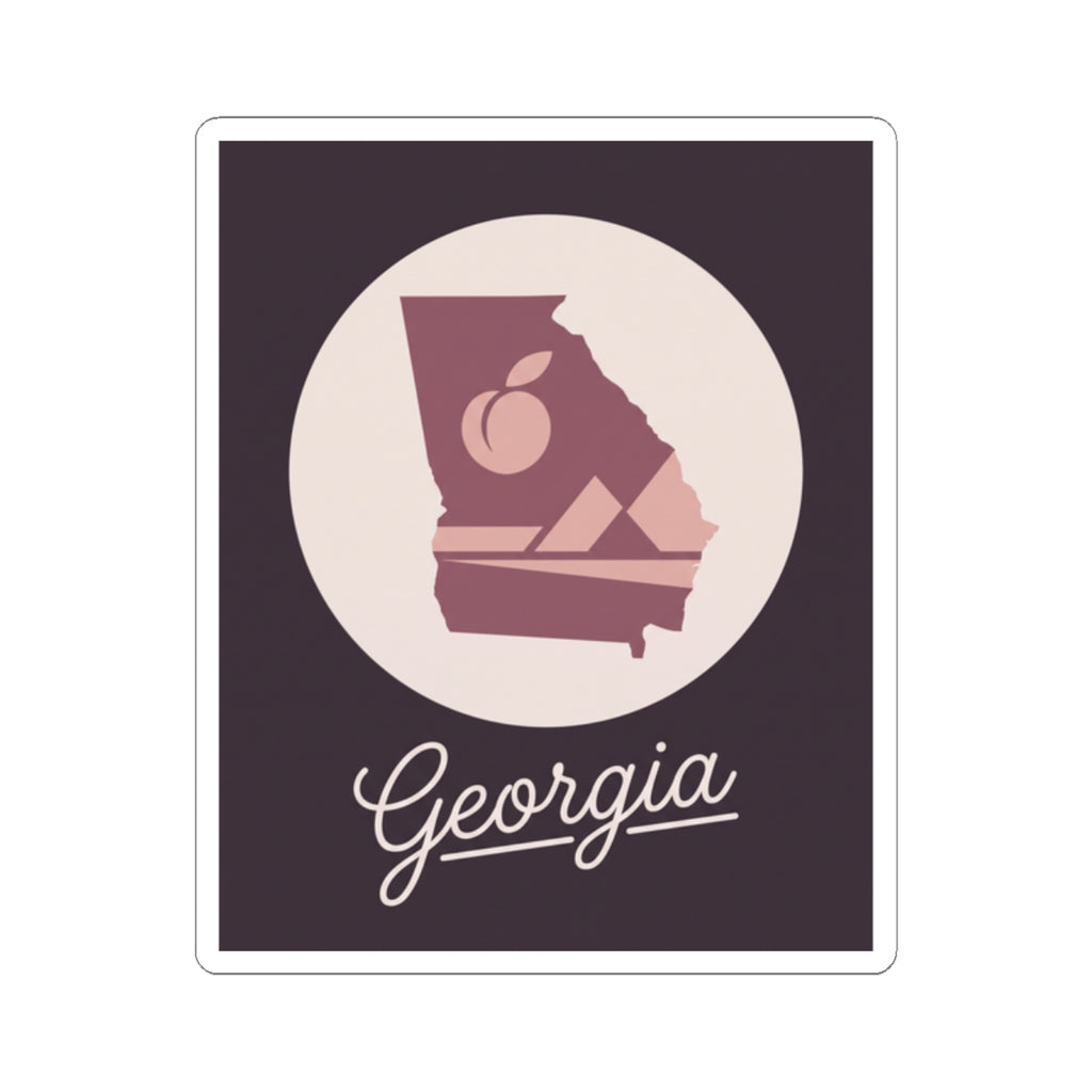 Mauve Georgia state silhouette kiss-cut vinyl decal with circular badge and Georgia script