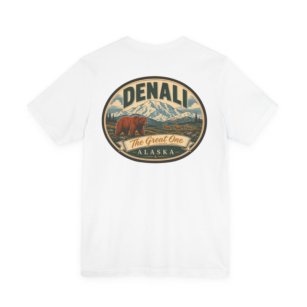 White crewneck T-shirt with Denali Great One round graphic