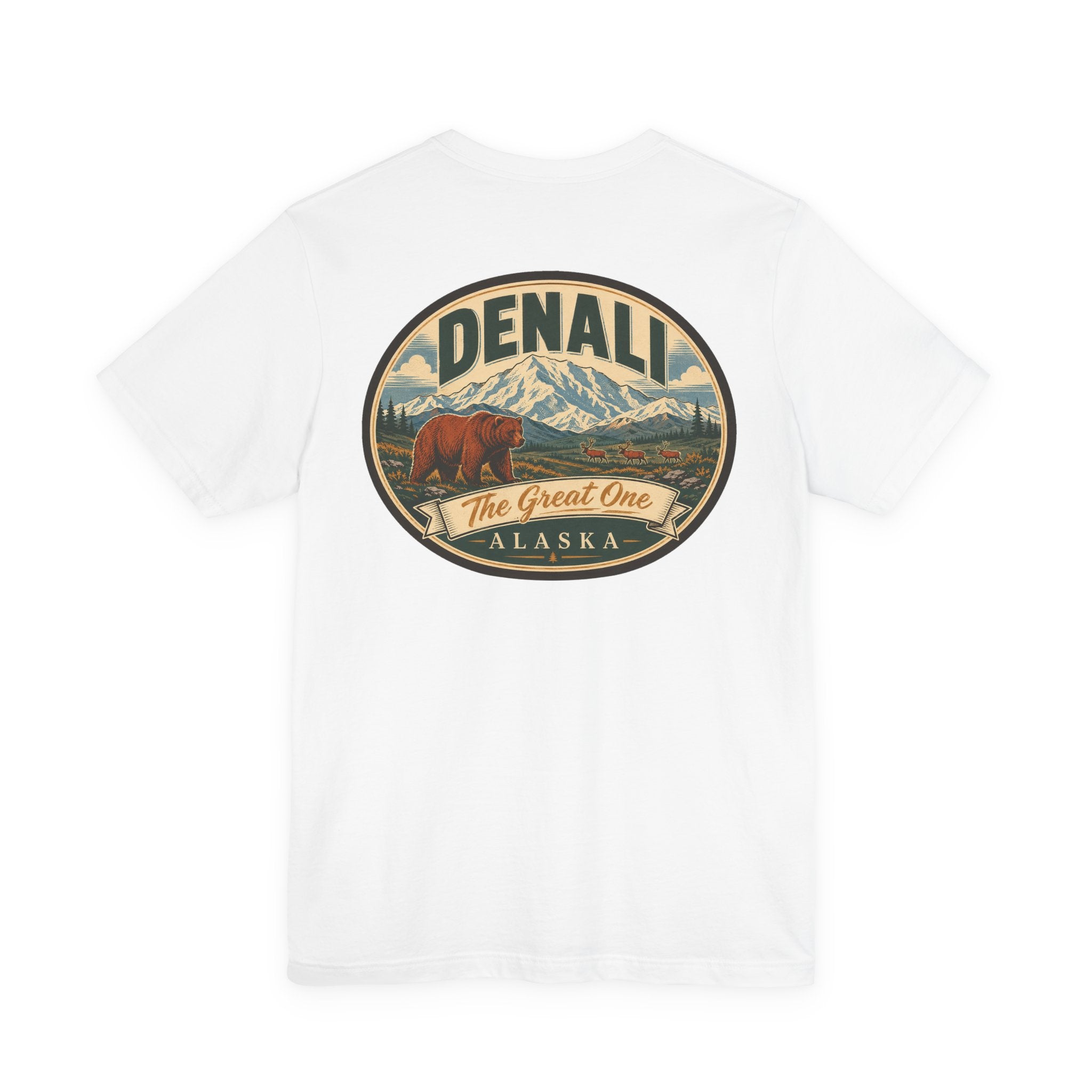 White crewneck T-shirt with Denali Great One round graphic