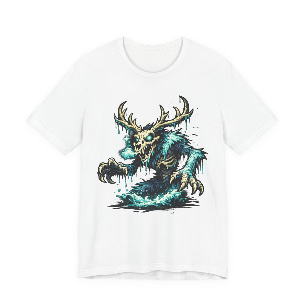 White crewneck t-shirt with teal glow deer skull monster graphic