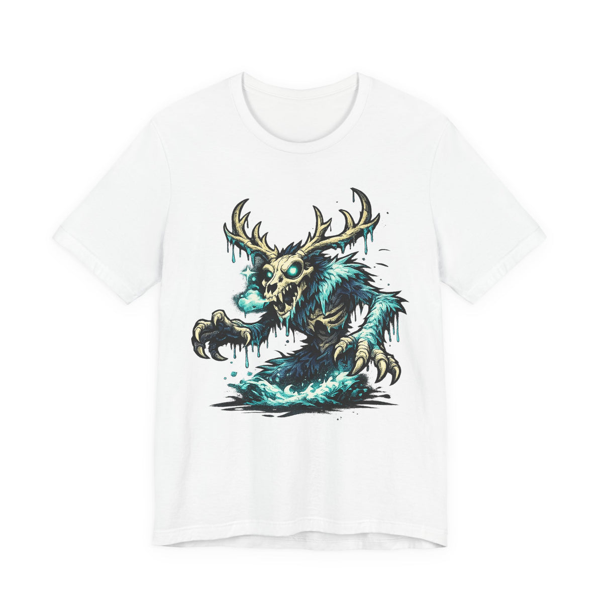 White crewneck t-shirt with teal glow deer skull monster graphic