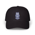 Black owl-embroidered dad cap with curved brim and stitched crown vents