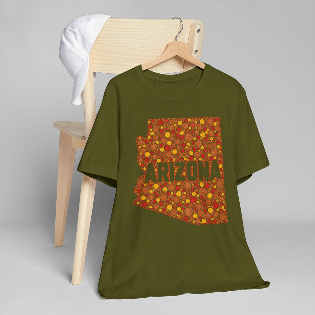 Olive green crewneck T-shirt with orange ARIZONA graphic map pattern on front