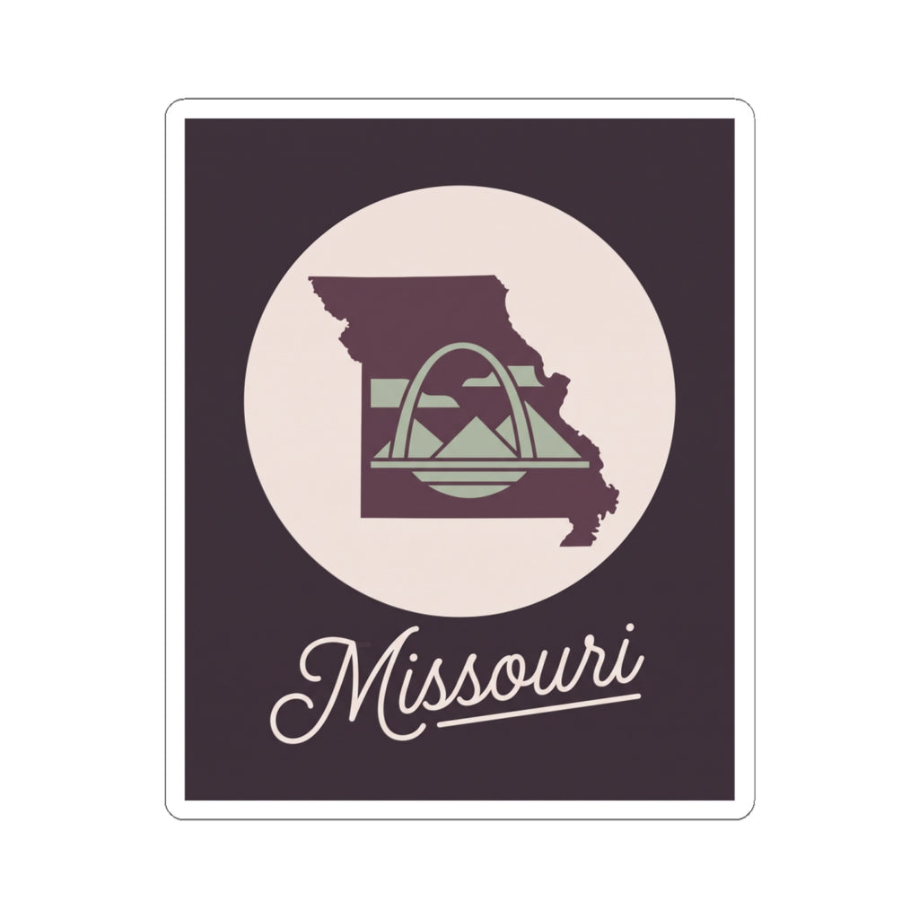 Missouri state silhouette kiss-cut decal sticker, dark purple square with emblem circle and script