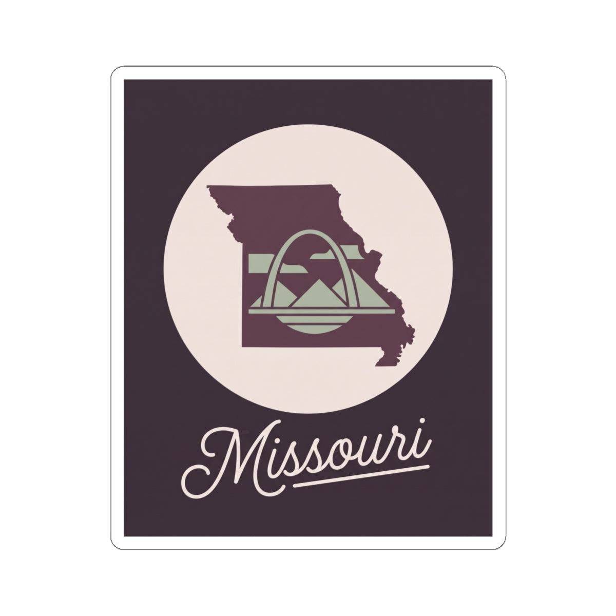 Missouri state silhouette kiss-cut decal sticker, dark purple square with emblem circle and script
