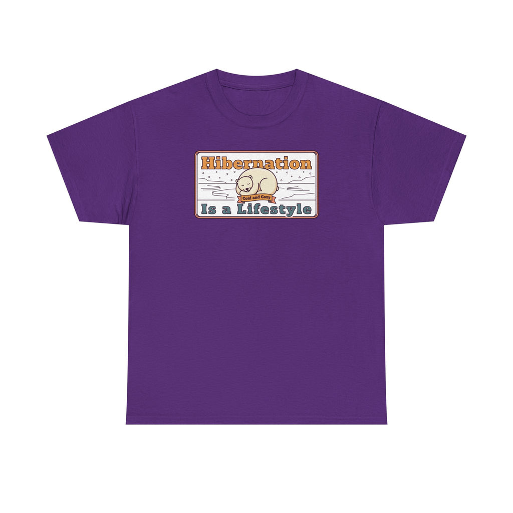 Purple crew-neck T-shirt with “Hibernation Is a Lifestyle” sloth graphic on chest