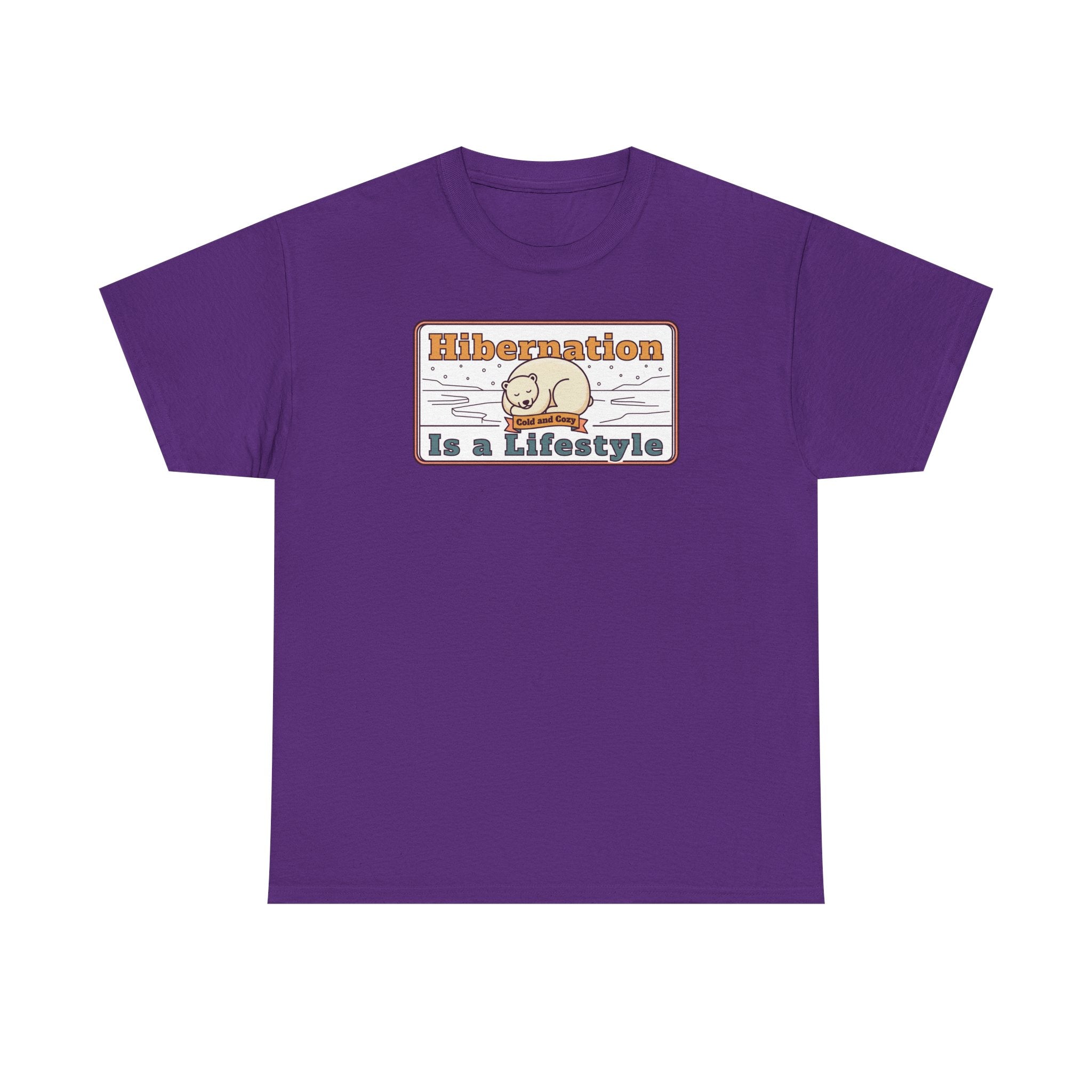 Purple crew-neck T-shirt with “Hibernation Is a Lifestyle” sloth graphic on chest