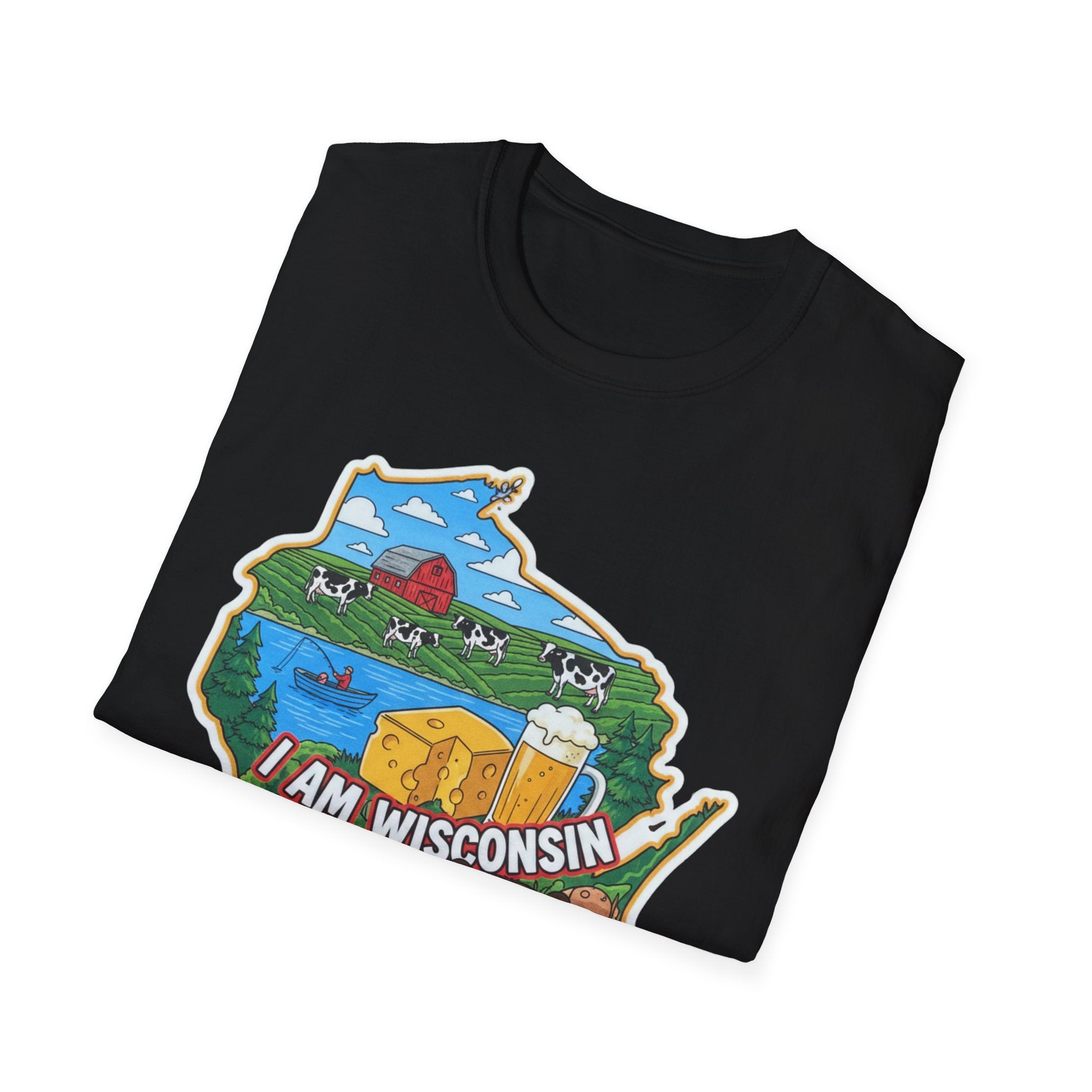 I Am Wisconsin T-Shirt, black, front graphic with Wisconsin state outline and dairy items