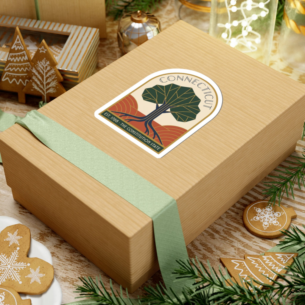 Connecticut tree vinyl sticker on wrapped gift box, “THE CONSTITUTION STATE” shown
