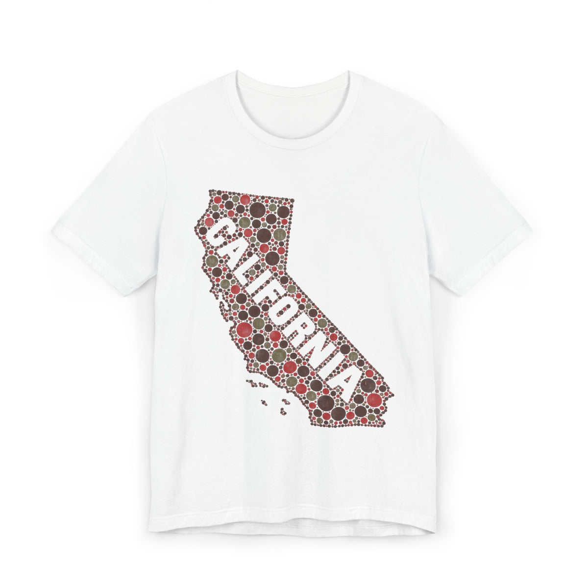 White T-shirt with California map outline graphic in red and white dots