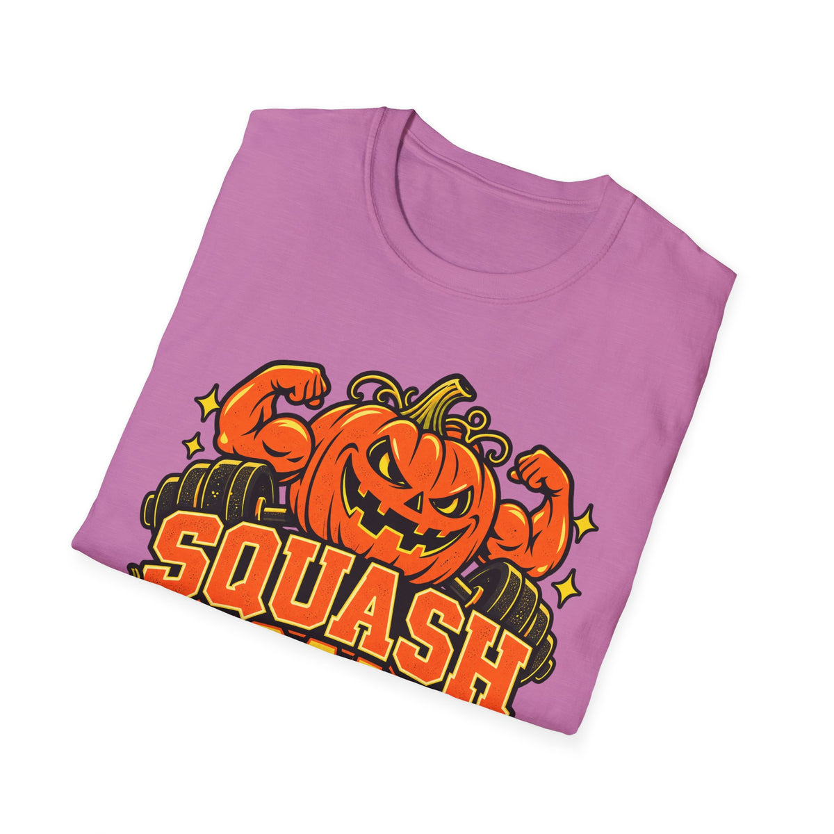 Purple short-sleeve T-shirt with jack-o-pumpkin and 'SQUASH' graphic