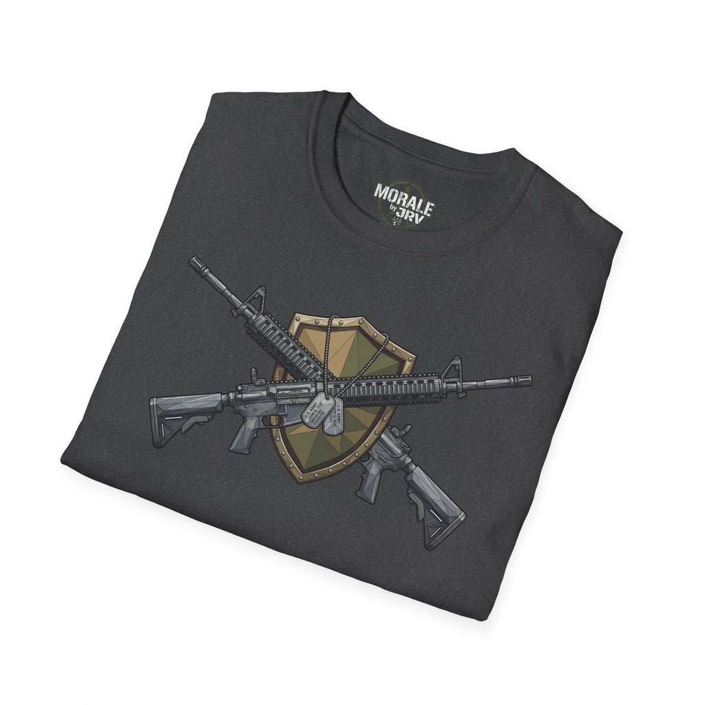 Dark gray T-shirt with tactical gun graphic on front