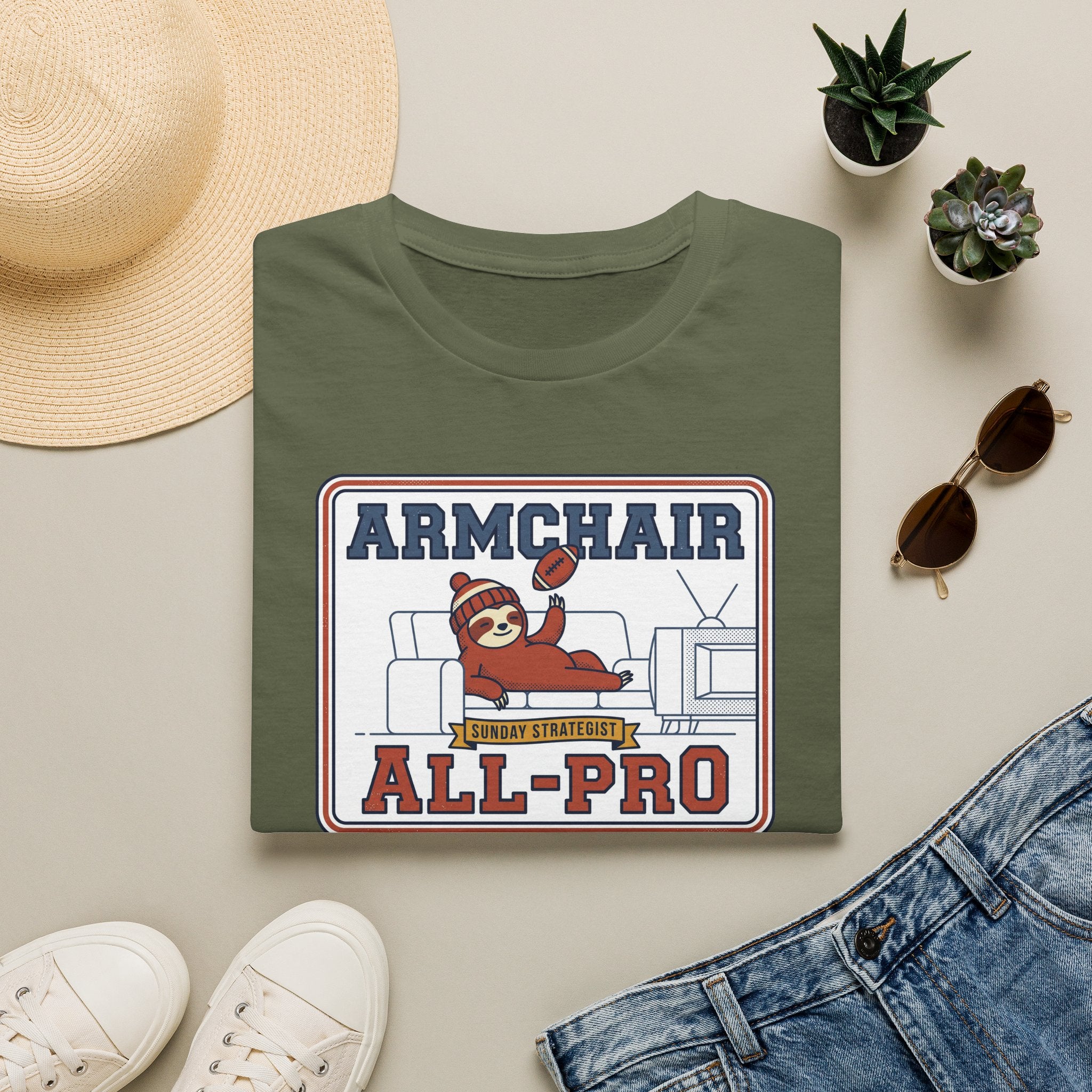 Funny sloth graphic football T-shirt in military green, “Armchair All-Pro” print