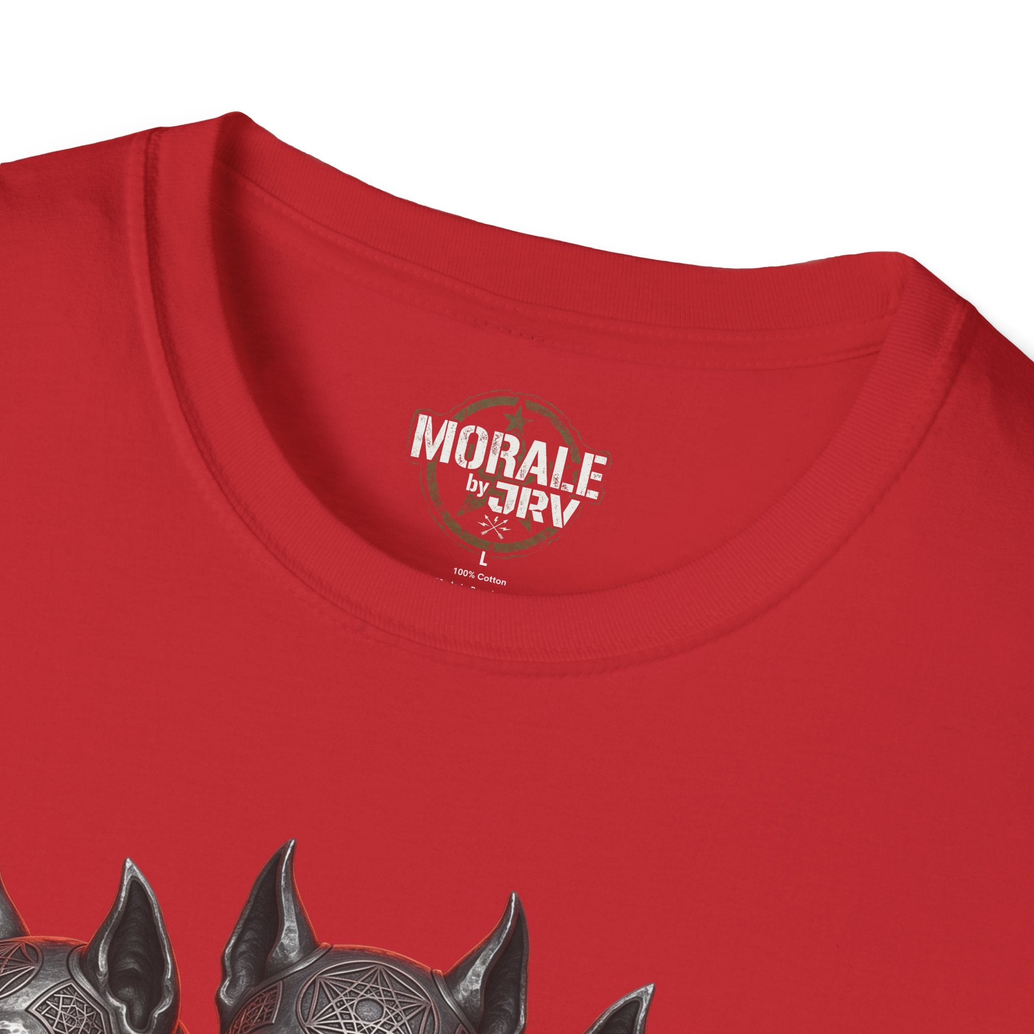 Red T‑shirt neckline with chest logo and partial Cerberus graphic
