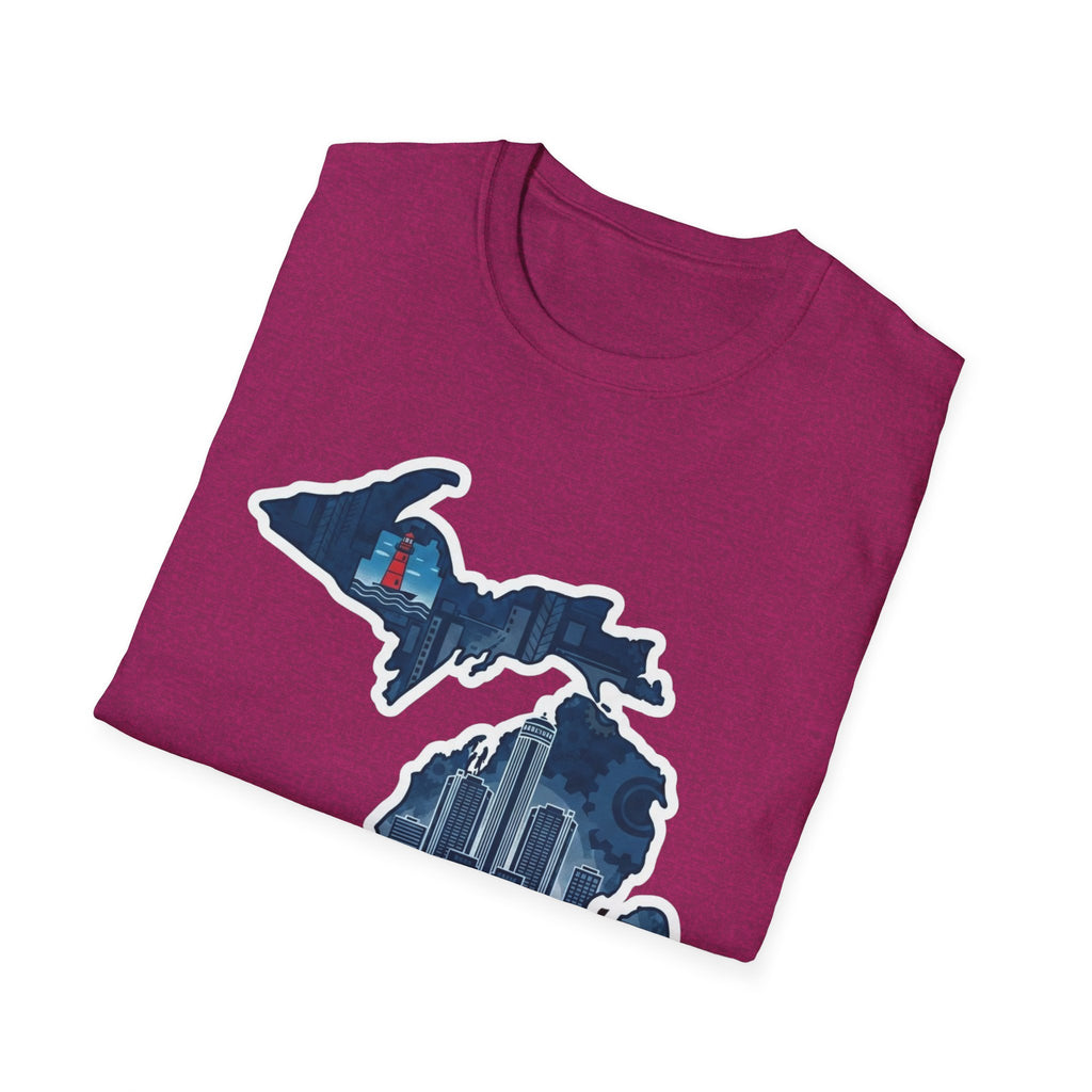 I Am Michigan map graphic T-shirt, magenta with blue skyline map graphic