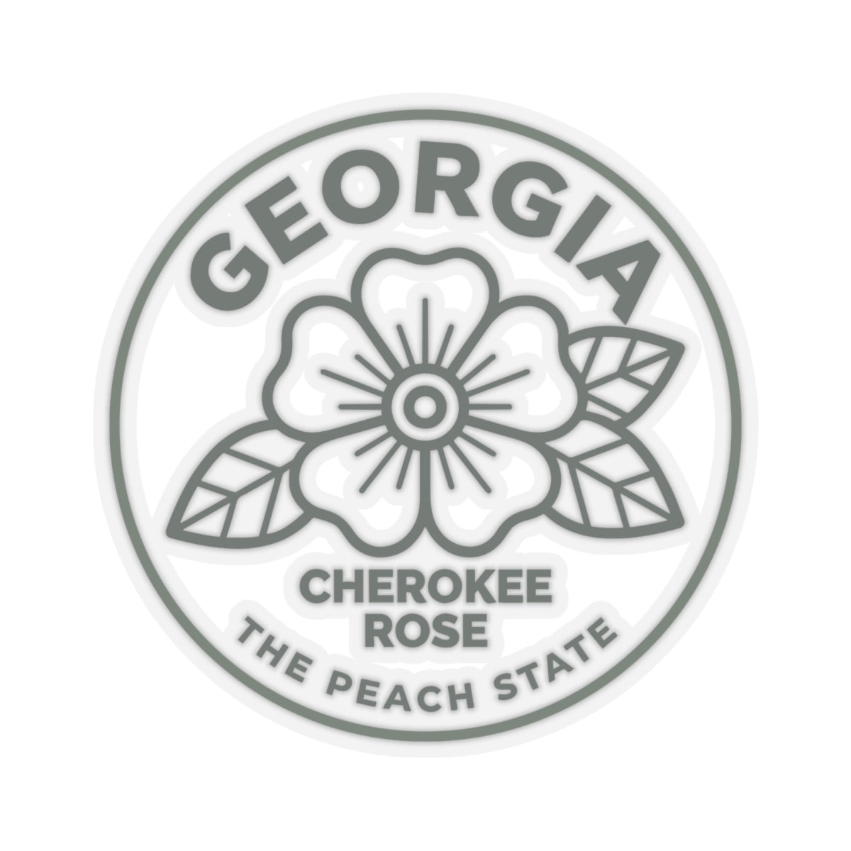 Round Georgia sticker showing Cherokee rose and “The Peach State” wording in gray