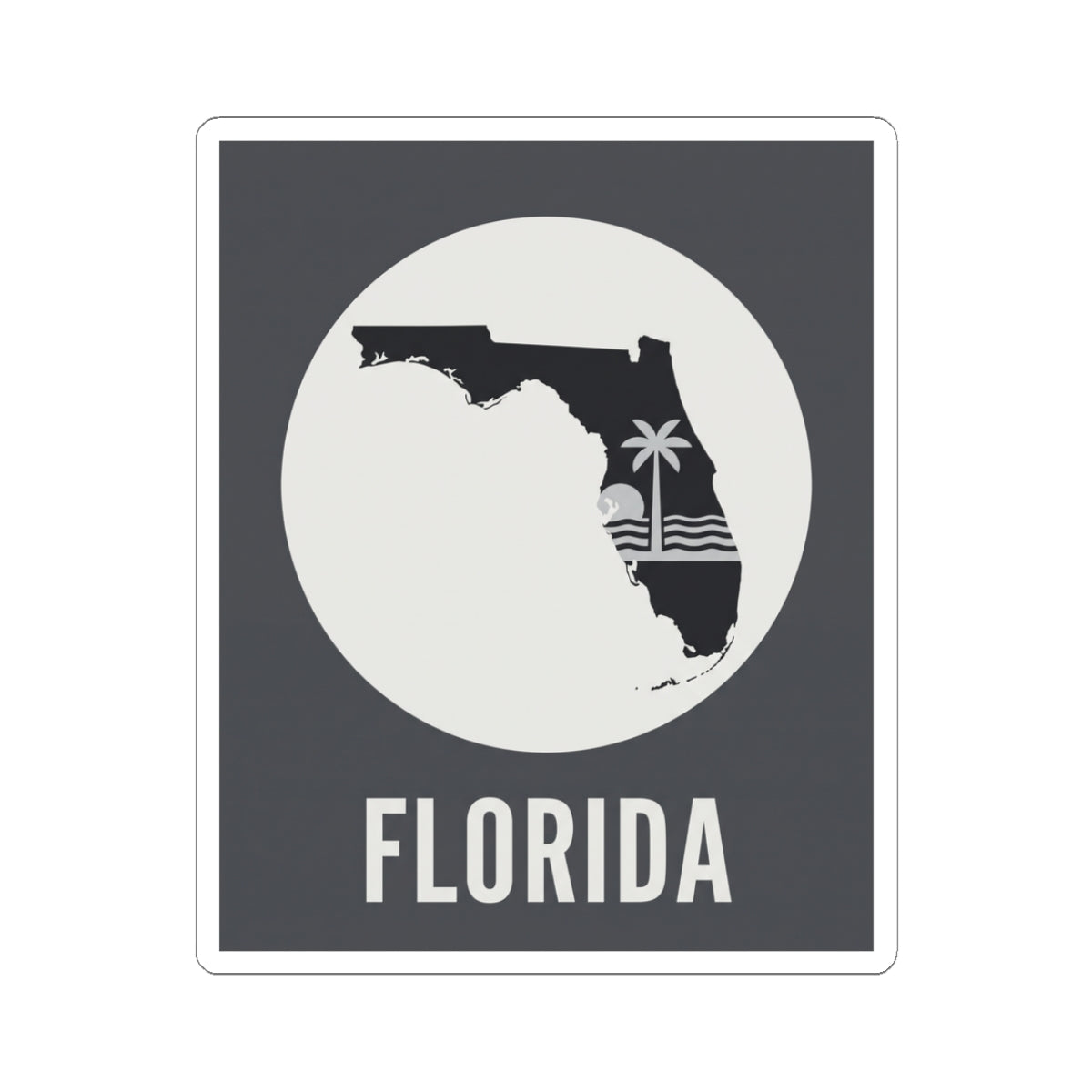 Florida silhouette sticker with circular palm wave design and FLORIDA text, white border