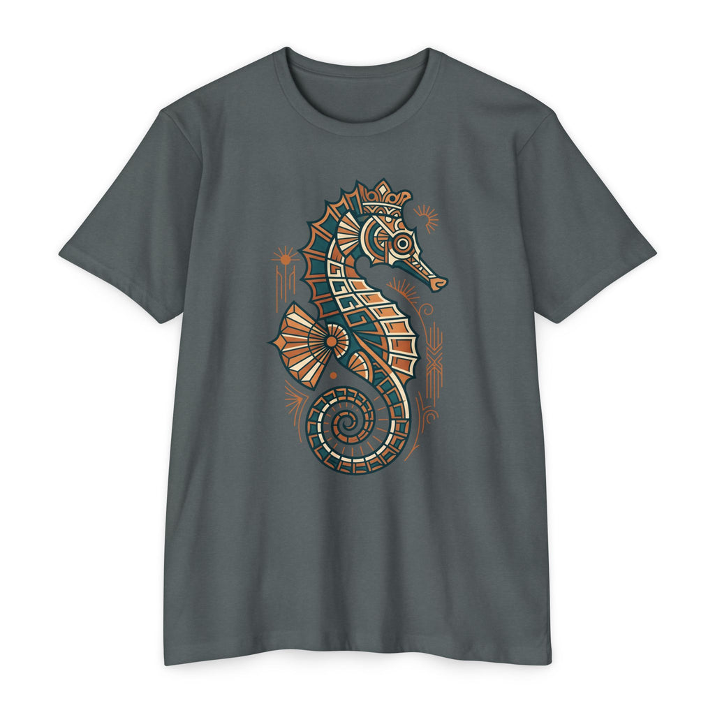 Unisex charcoal T-shirt with colorful seahorse mosaic graphic on front