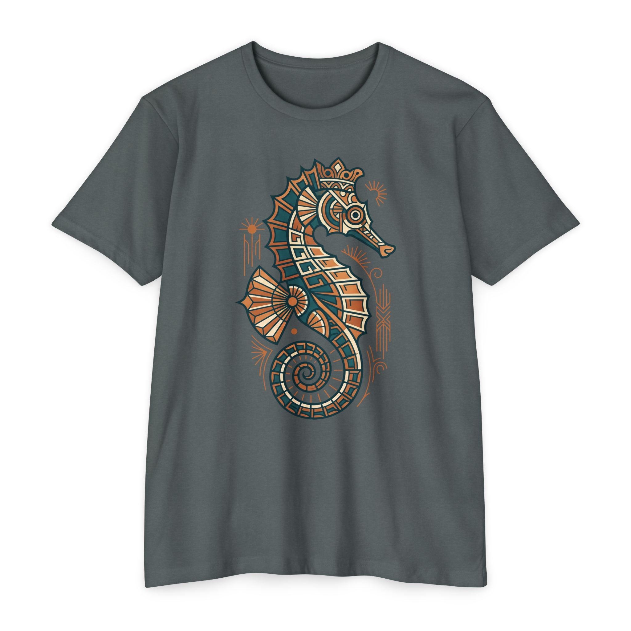 Unisex charcoal T-shirt with colorful seahorse mosaic graphic on front