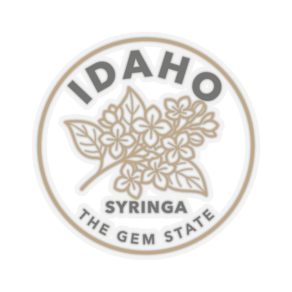 Transparent vinyl sticker featuring Idaho syringa floral emblem and botanical leaves