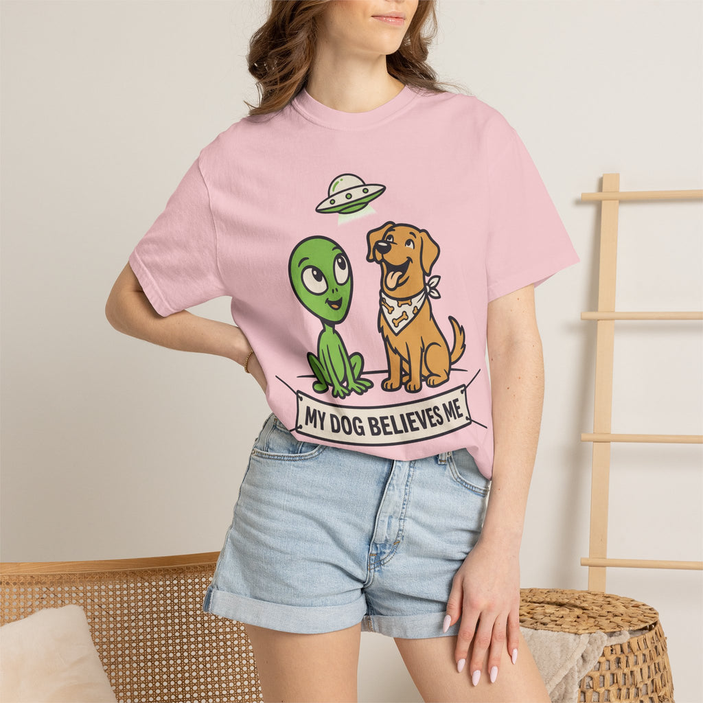 Blush pink T-shirt with alien and dog cartoon graphic on the chest