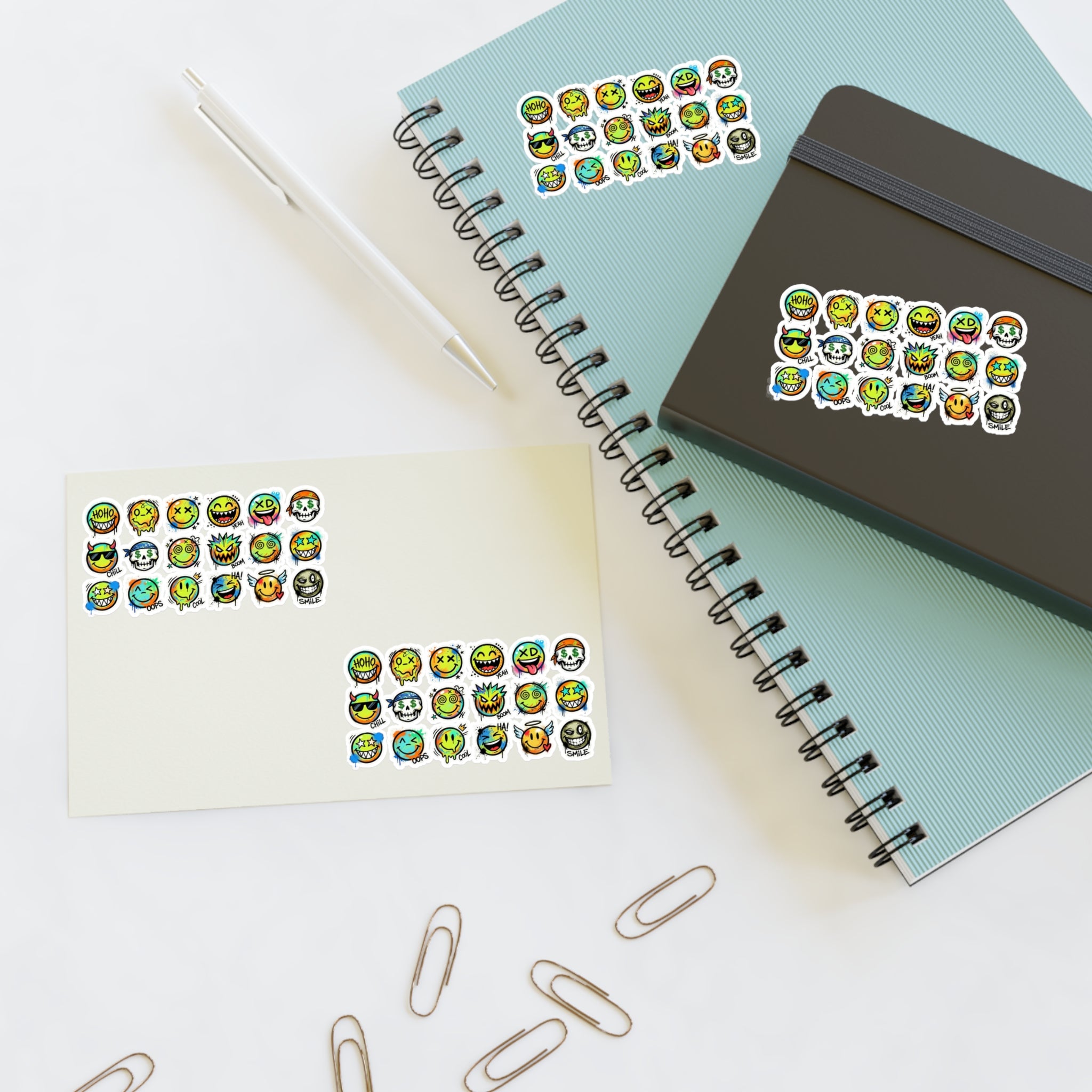 Emoji face sticker decals on note cards, die-cut grin and skull icons