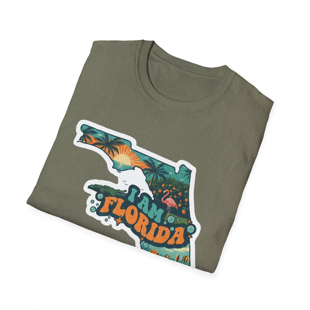 Camiseta verde olivo con mapa de Florida y diseño tropical con sol y flamencos