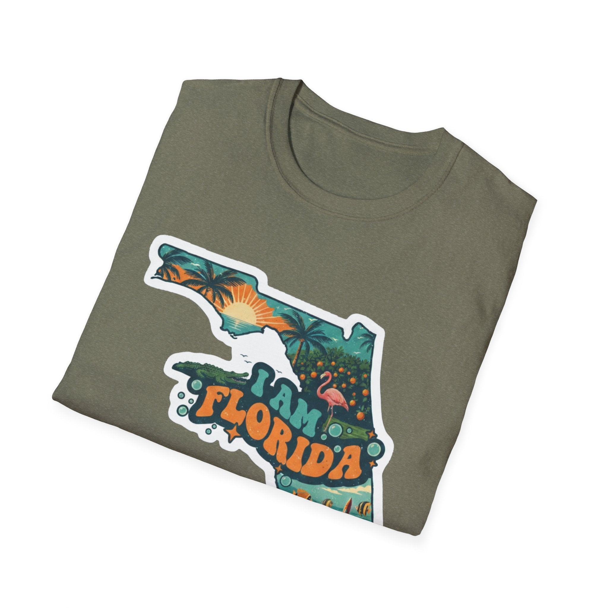 Camiseta verde olivo con mapa de Florida y diseño tropical con sol y flamencos