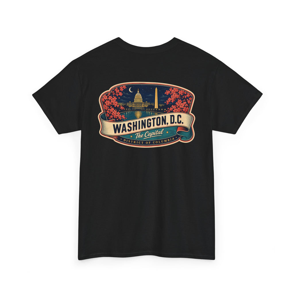 Black T-shirt with large Washington, D.C. landmark badge graphic across the chest