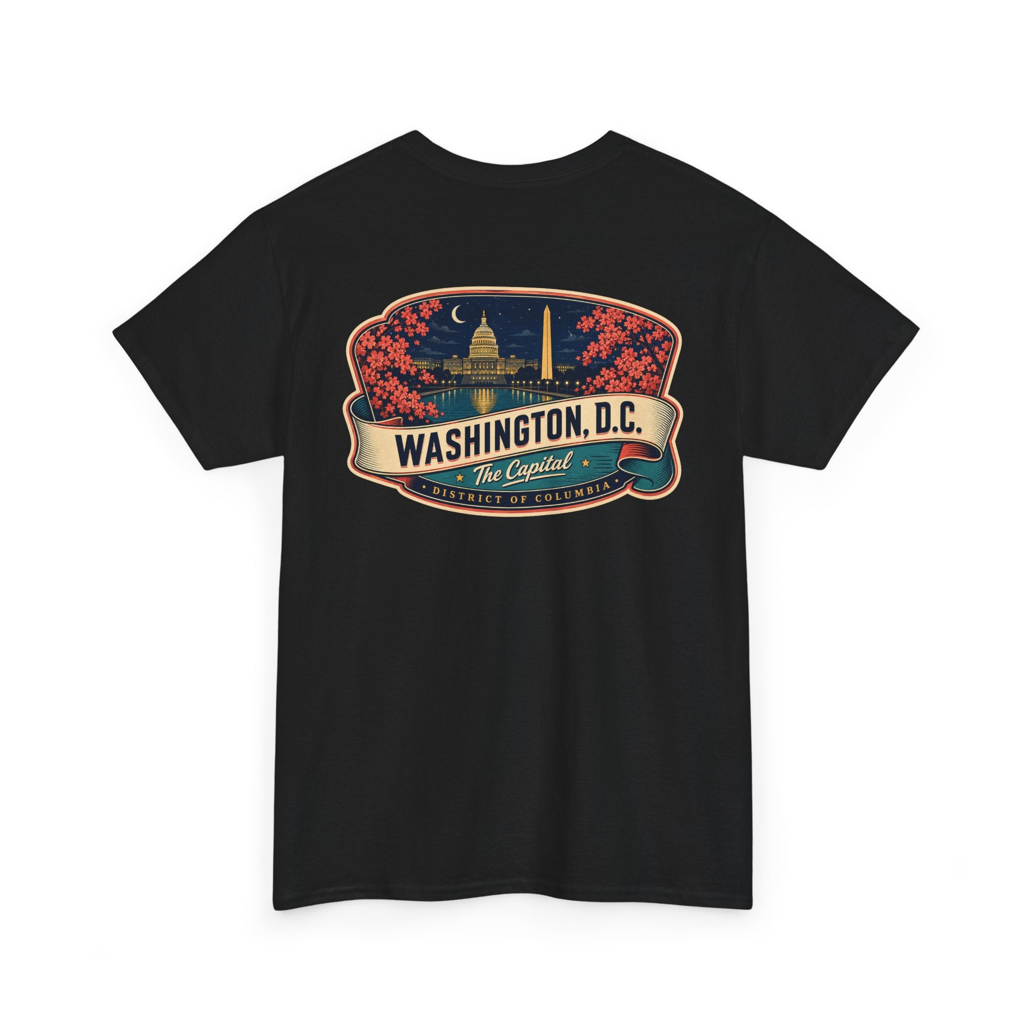 Black T-shirt with large Washington, D.C. landmark badge graphic across the chest