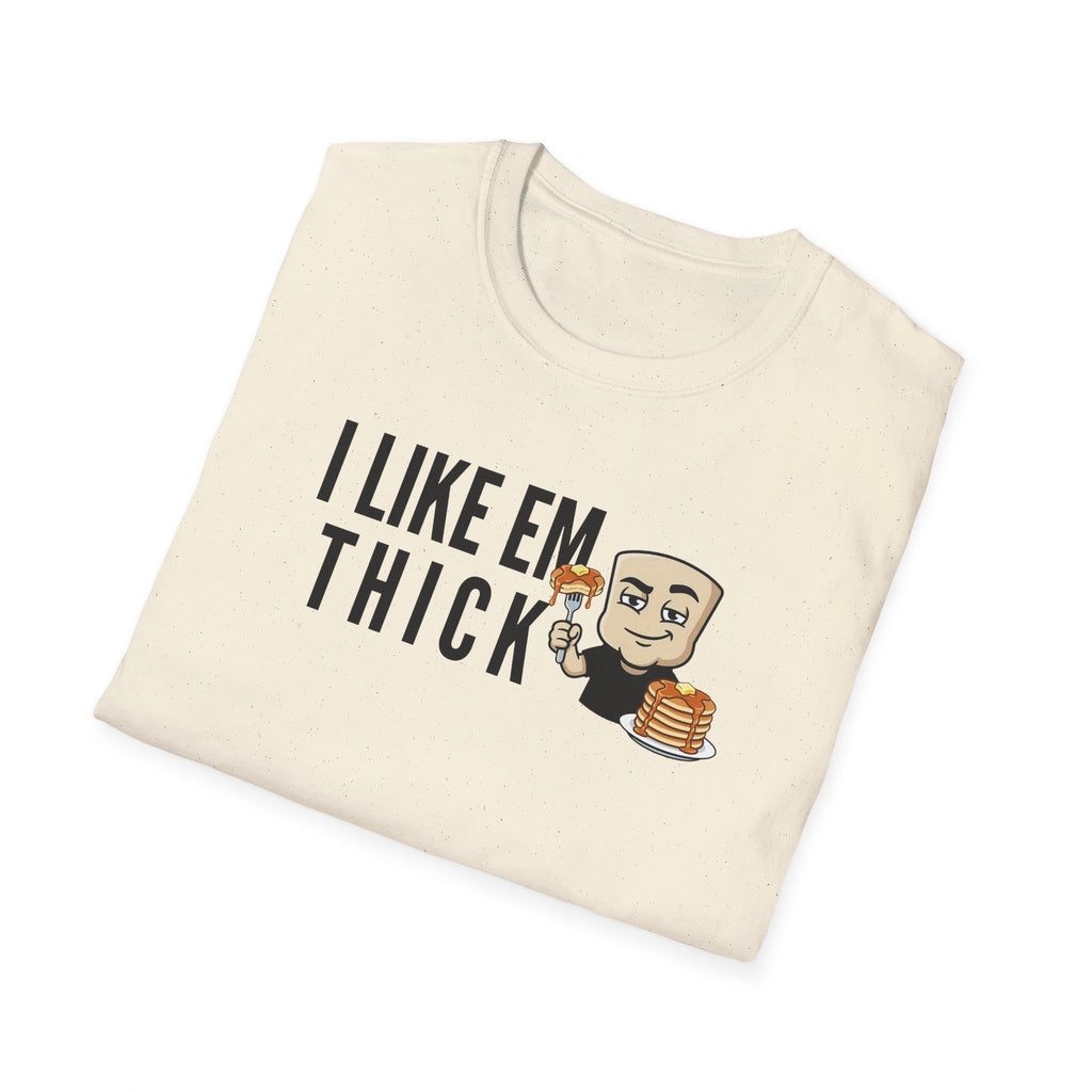 Natural beige T-shirt with 'I LIKE EM THICK' graphic and cartoon holding a pancake stack