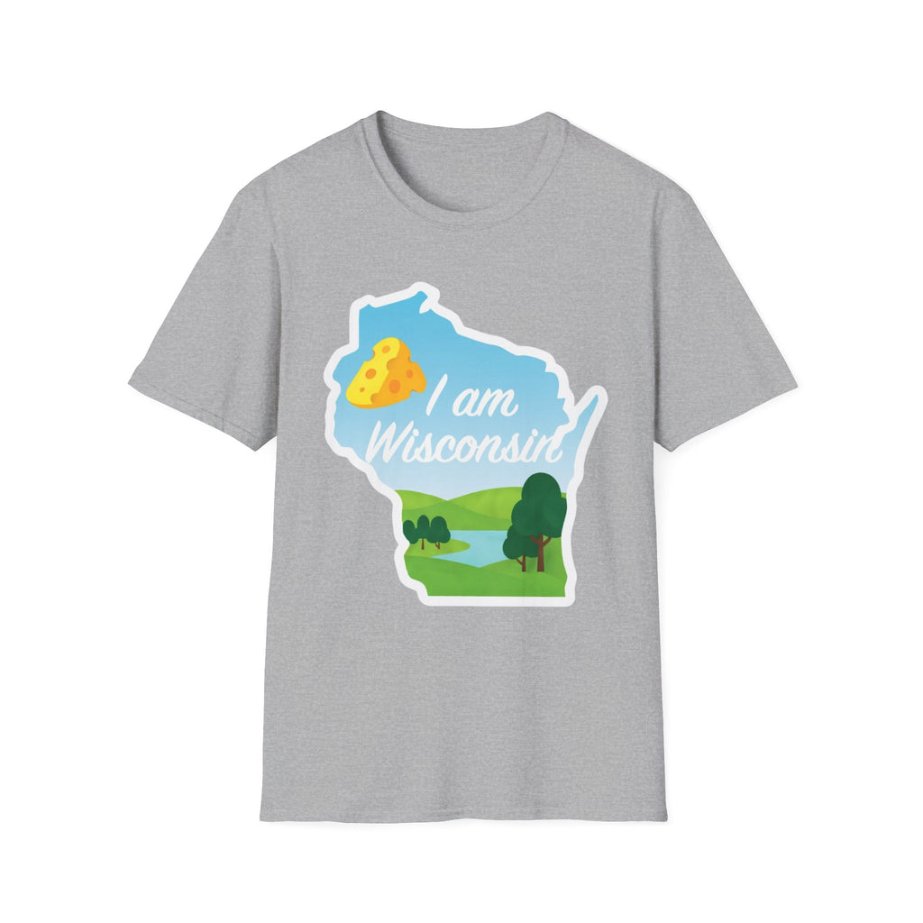 Sport Grey T-shirt with Wisconsin outline graphic, cheese & landscape, “I am Wisconsin”